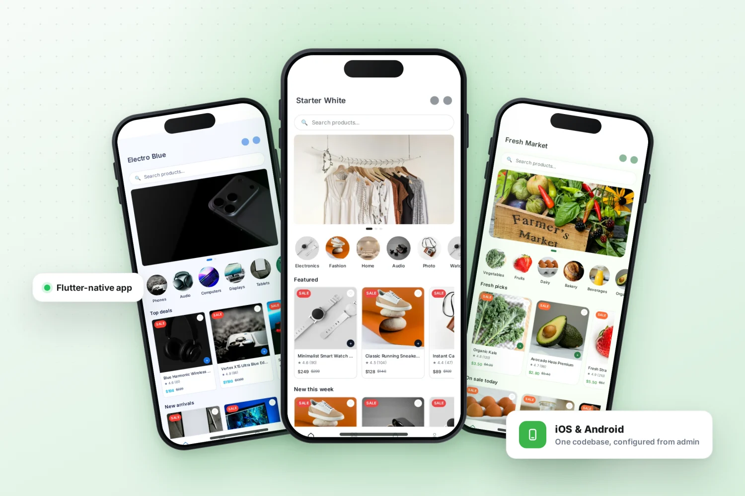 Mobile App Studio native shopping apps in electronics, fashion and grocery themes