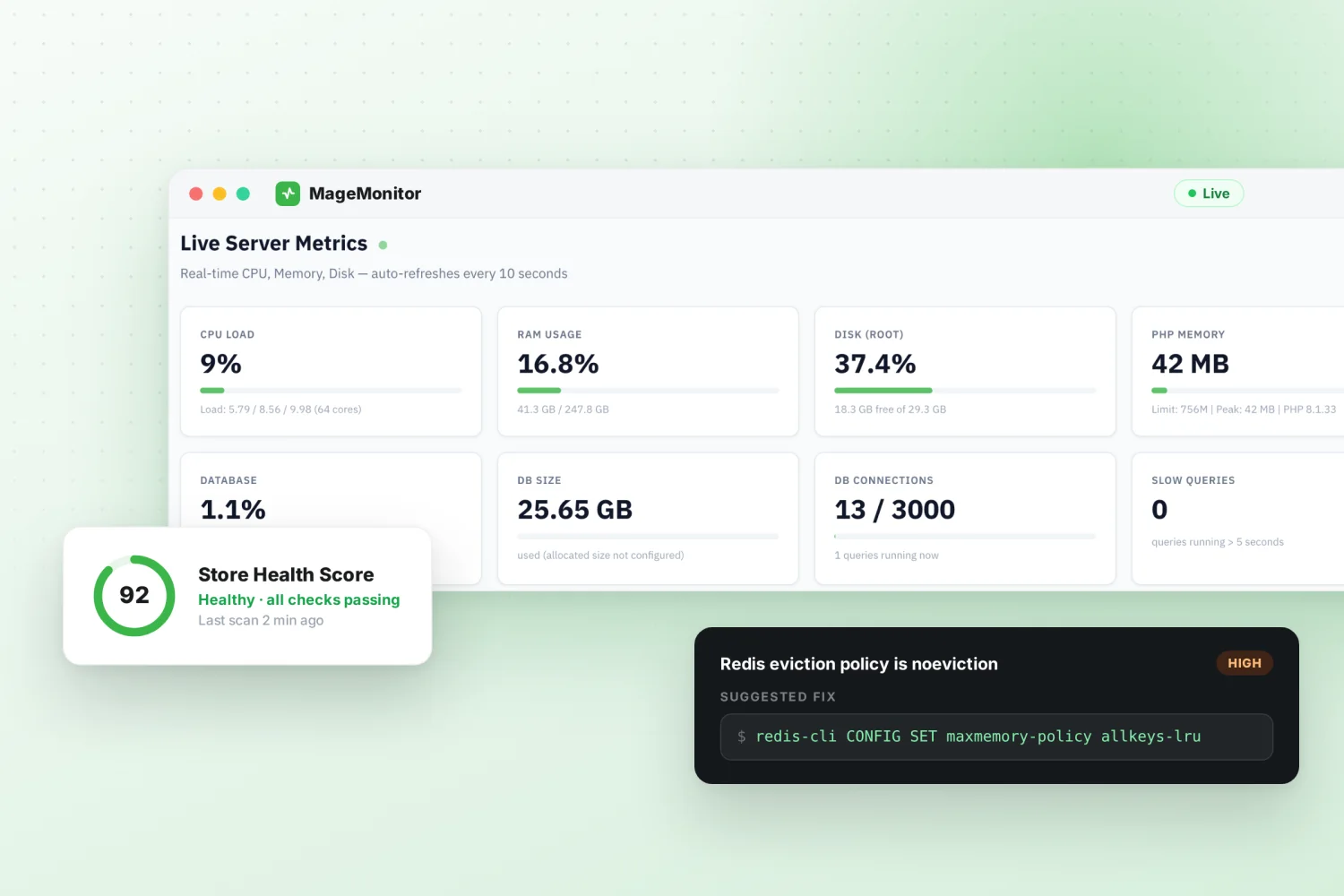 MageMonitor live server metrics with store health score and a suggested CLI fix