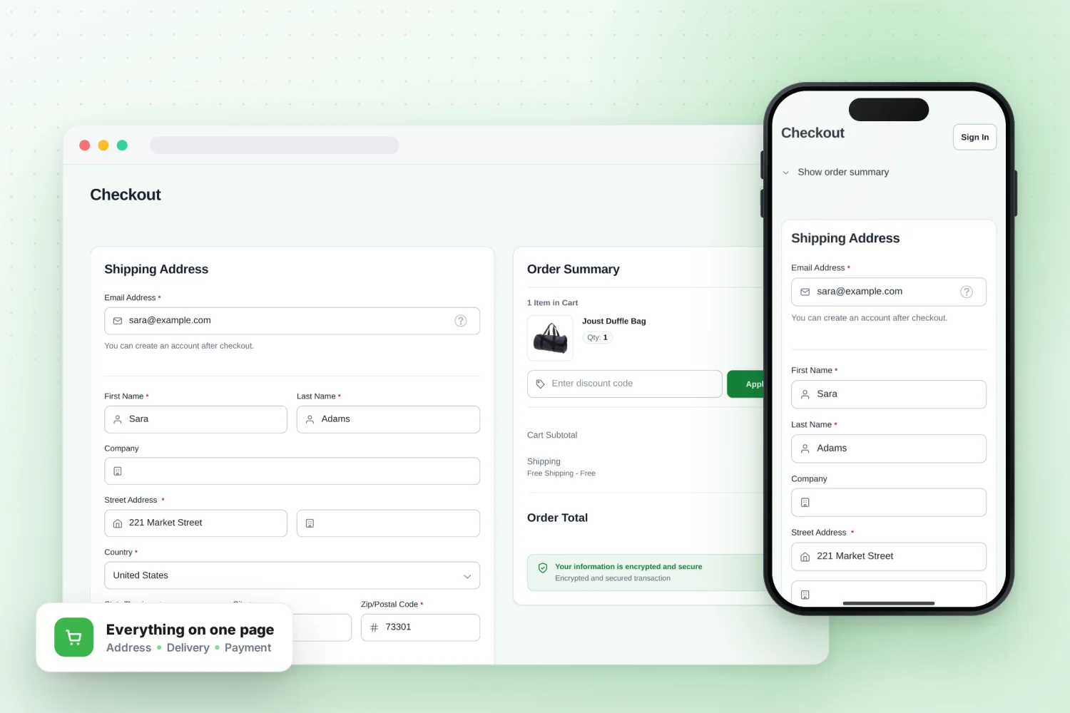 One Page Checkout on desktop and mobile: address, delivery and payment on one page