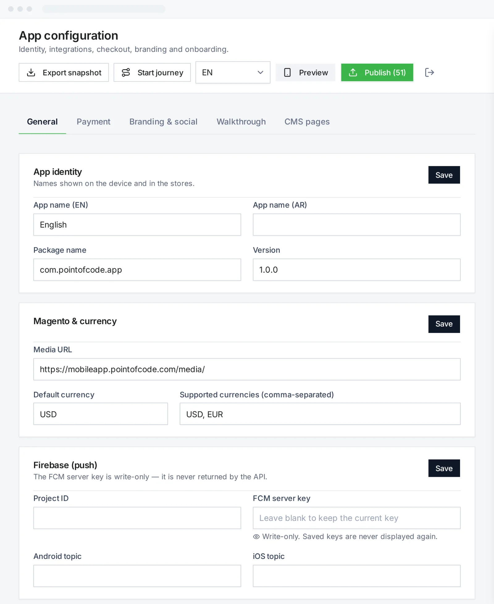 Mobile App Studio app configuration