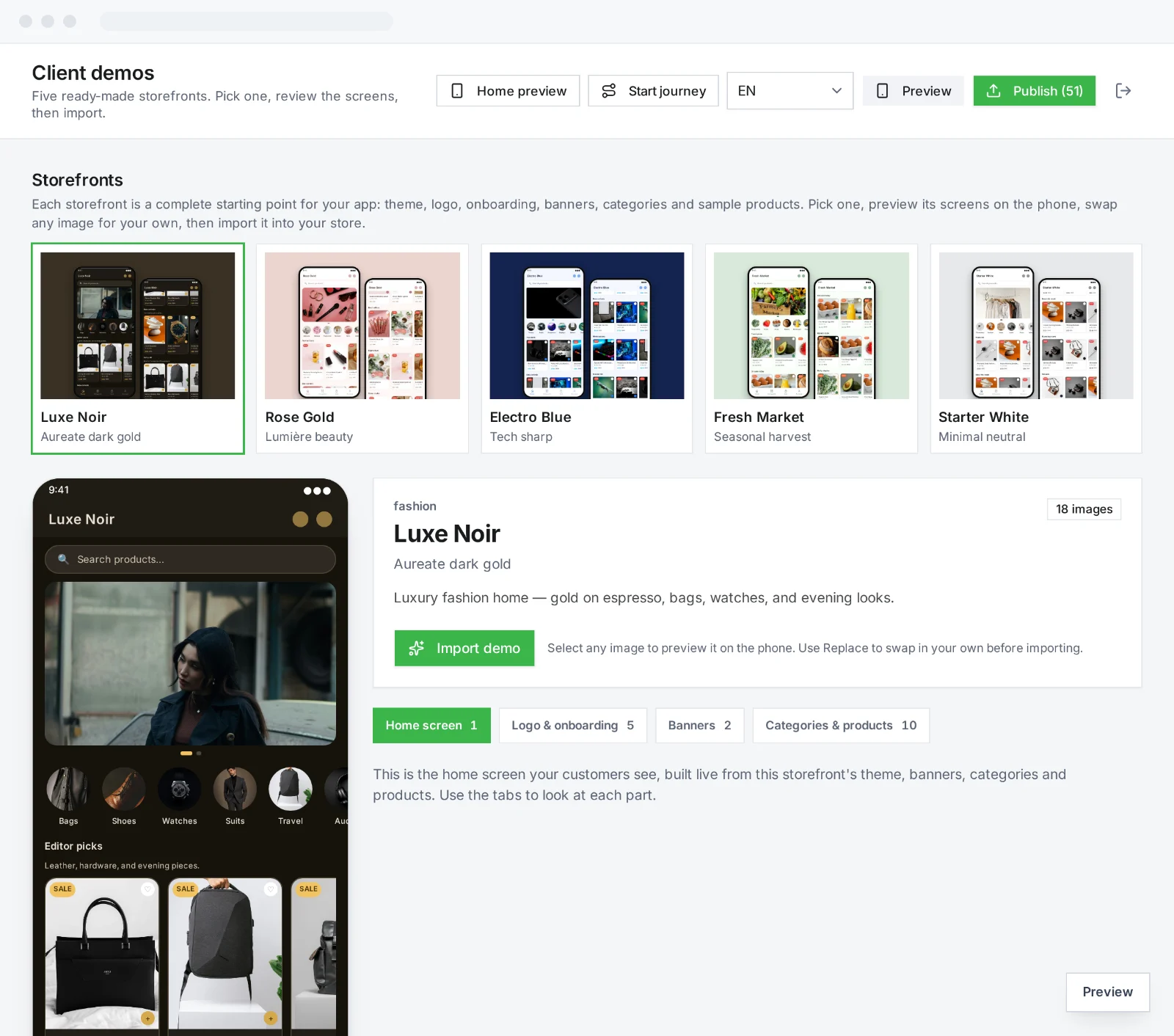 Mobile App Studio client demos: five ready-made storefronts