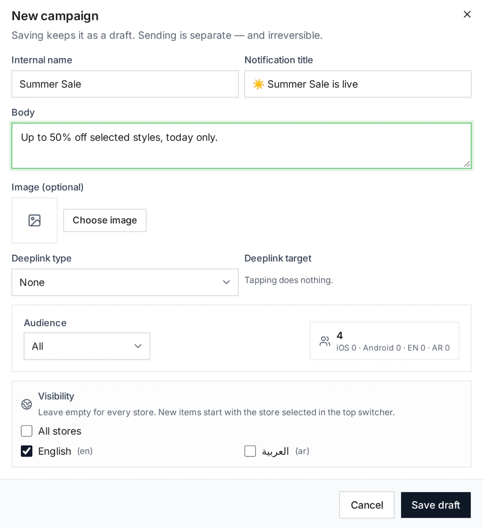 Push campaign composer with audience and deep link