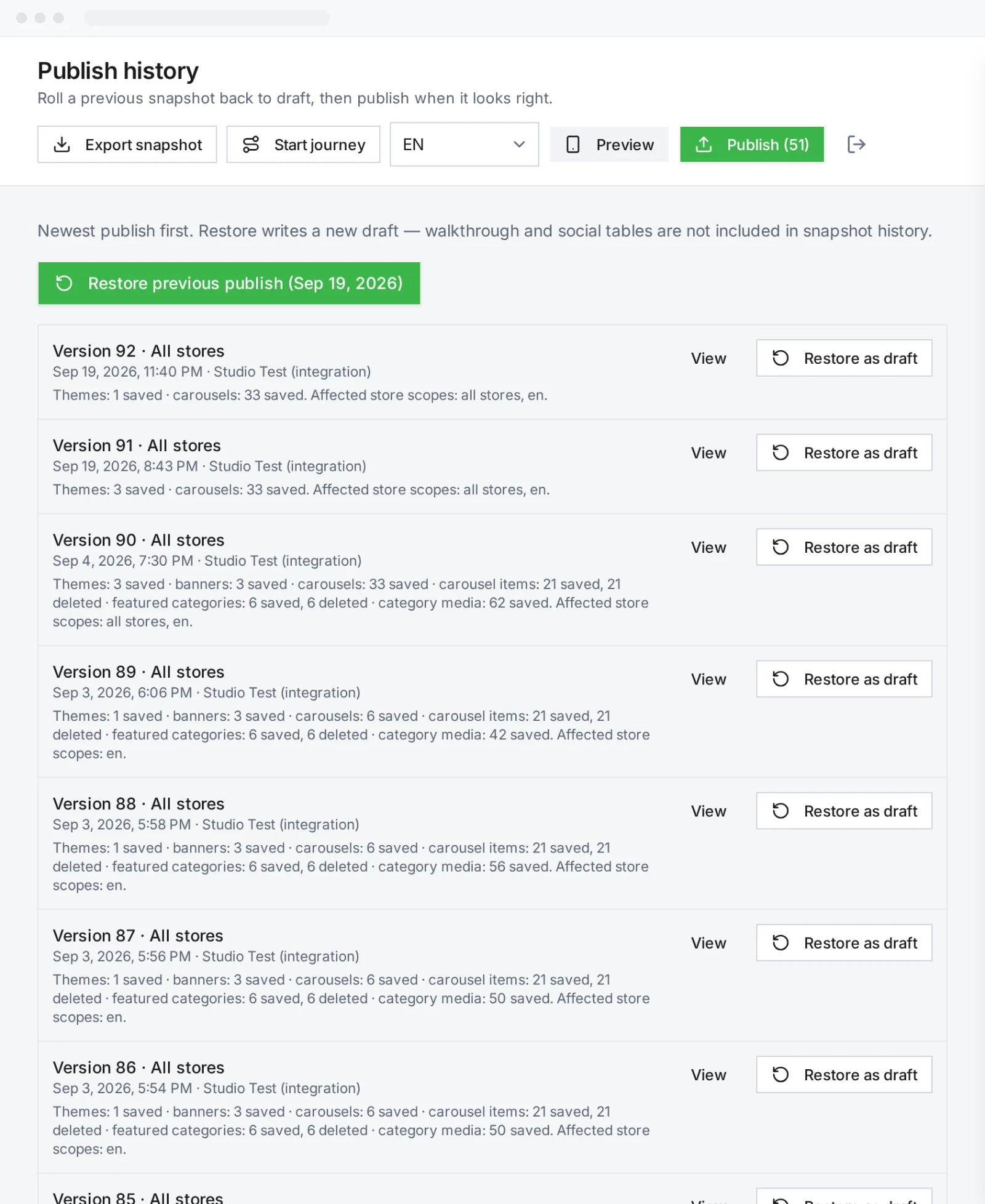 Publish history with restore