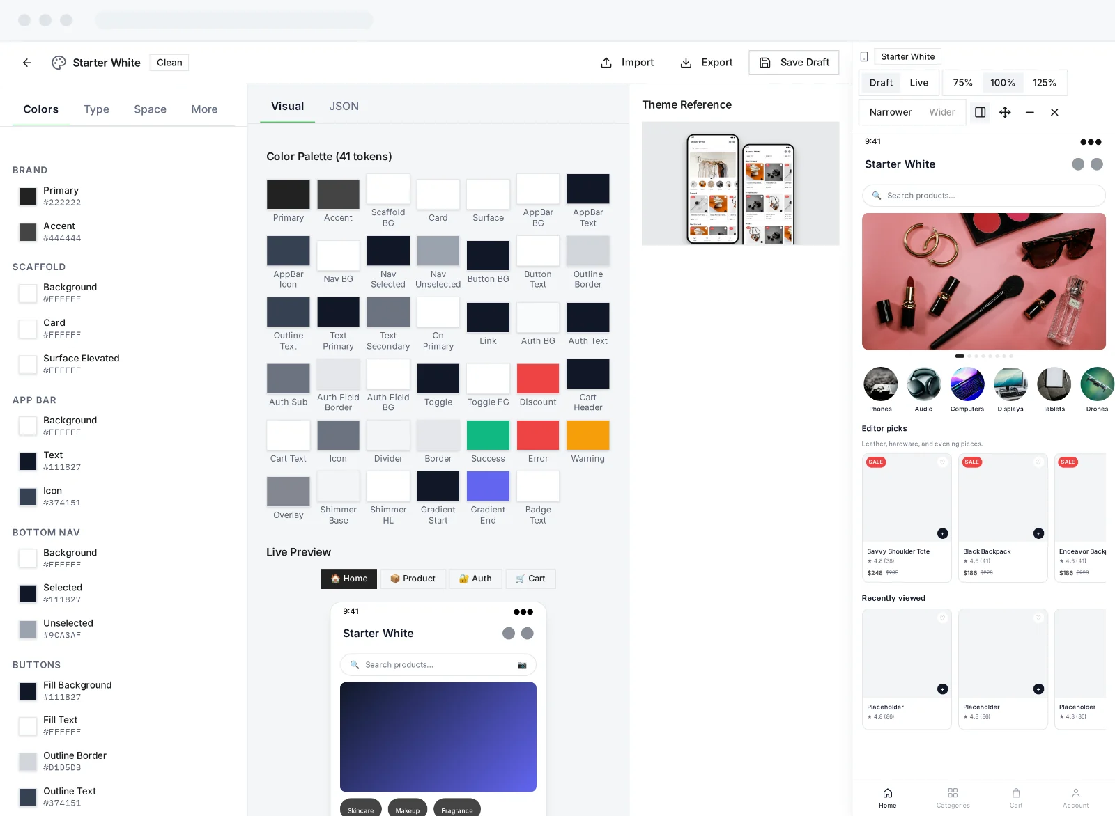 Mobile App Studio theme editor with 41 colour tokens