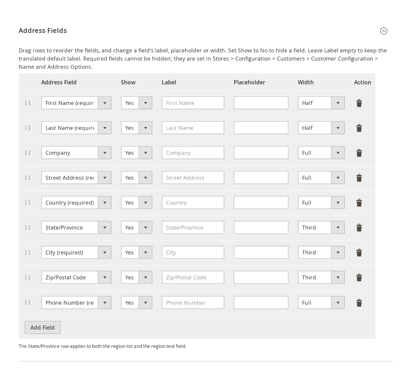 Address Fields drag-and-drop table