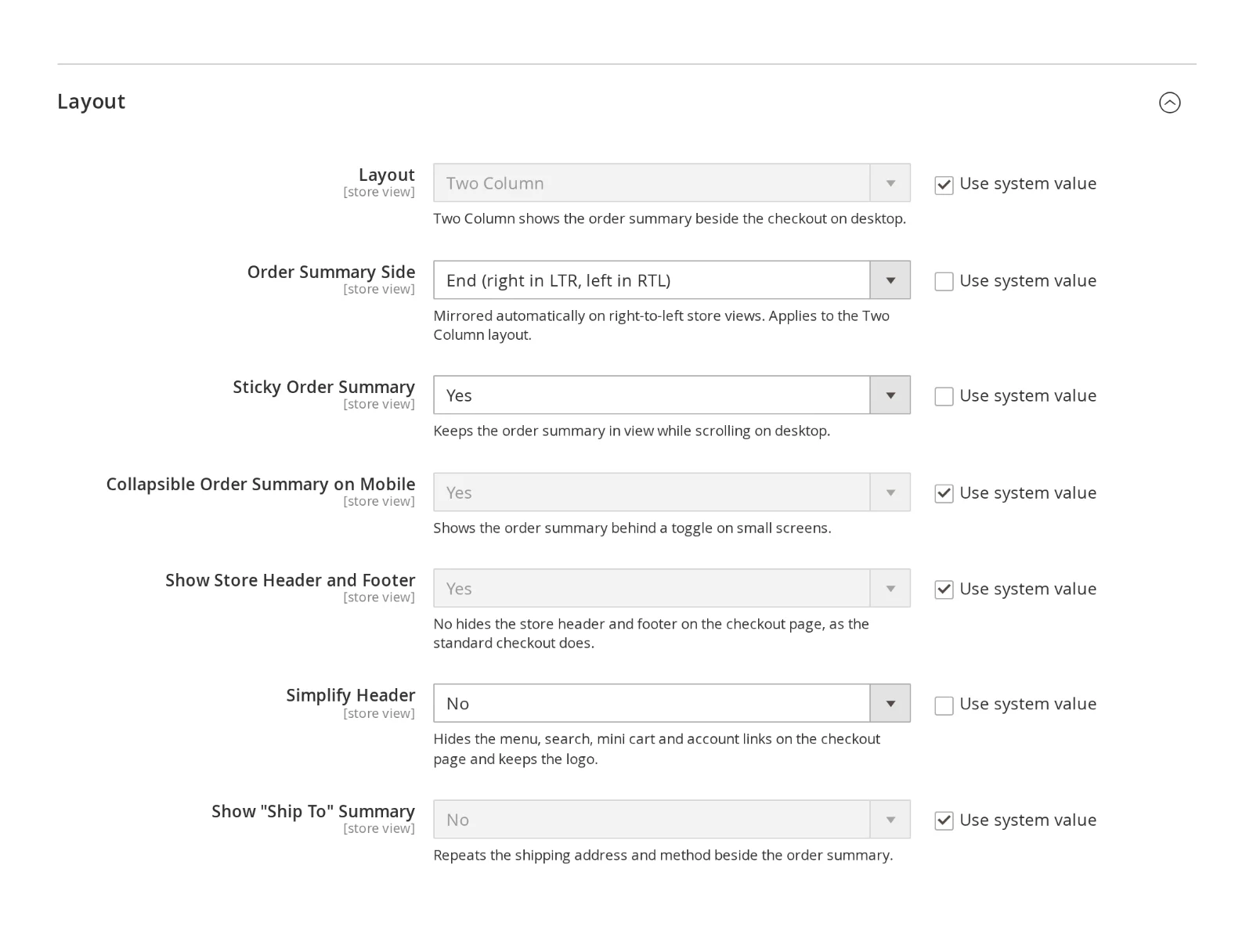 One Page Checkout layout settings