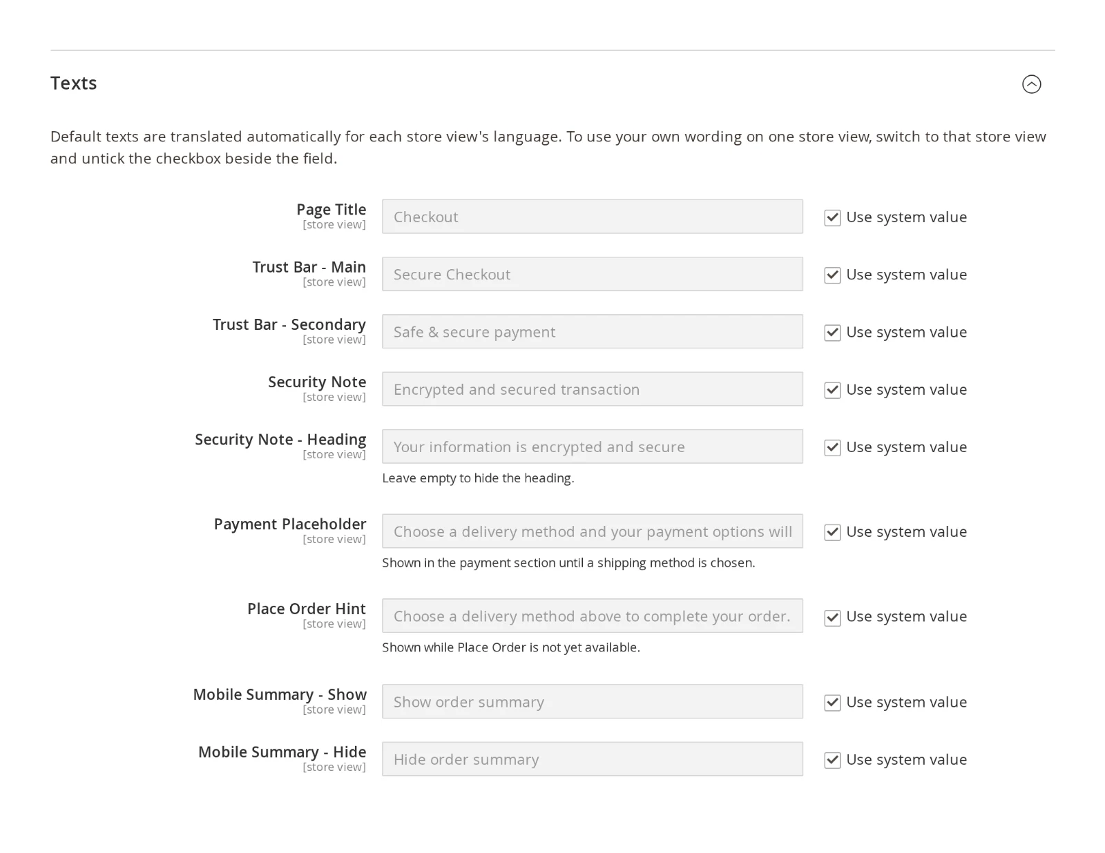 One Page Checkout text settings