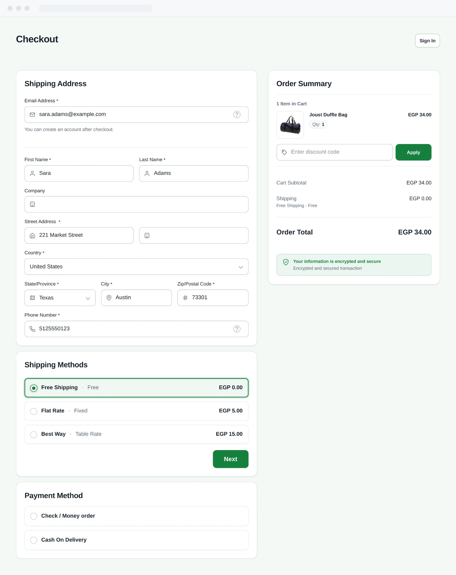 One Page Checkout on desktop: address, delivery and payment with the order summary