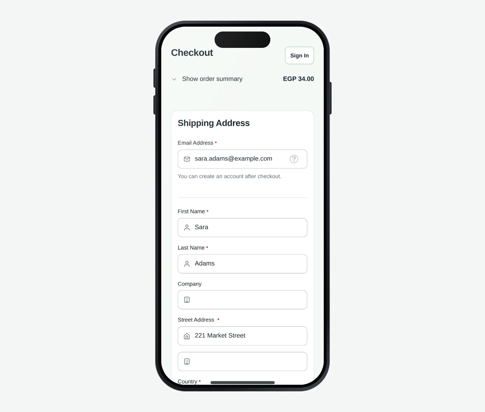One Page Checkout on a phone